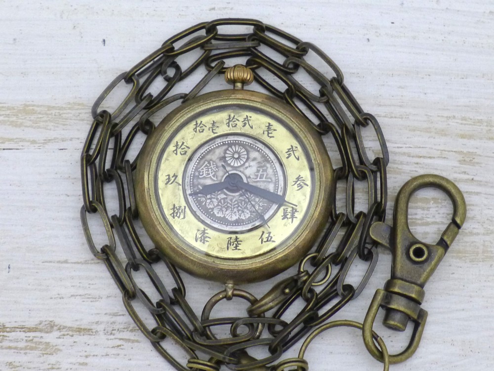 "倭ノ刻 懐七(わのこくかいなな)" 五銭硬貨＆大字文字盤 約38mm真鍮甲丸懐中 手作り腕時計 [JUM170] 19,800円