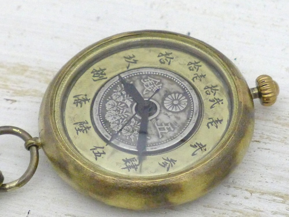 “Wa no Kokukaina”五仙硬幣和大號錶盤約38毫米黃銅小丸口袋手工手錶[JUM170] 第5張的照片