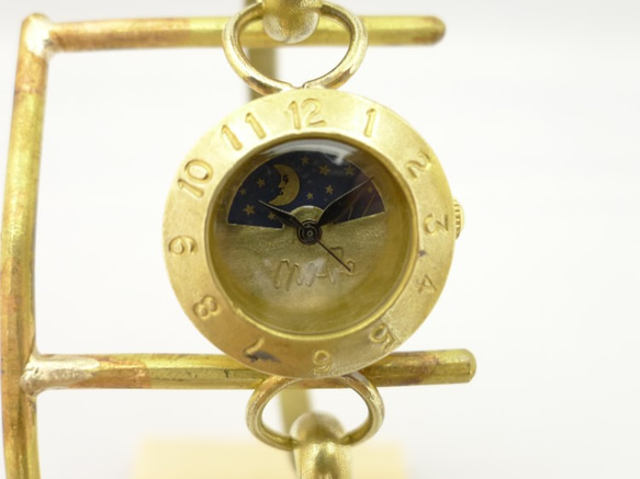 "BrassArmlet3-S&M" 真鍮22mm Sun&Moonバングルタイプ 手作り腕時計[289M-S&M] 3枚目の画像