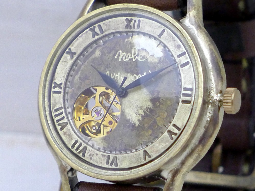 BAM060 自動巻きオープンハート 36mmBrass(真鍮) ローマ数字 手作り腕時計 [BAM060ローマ]