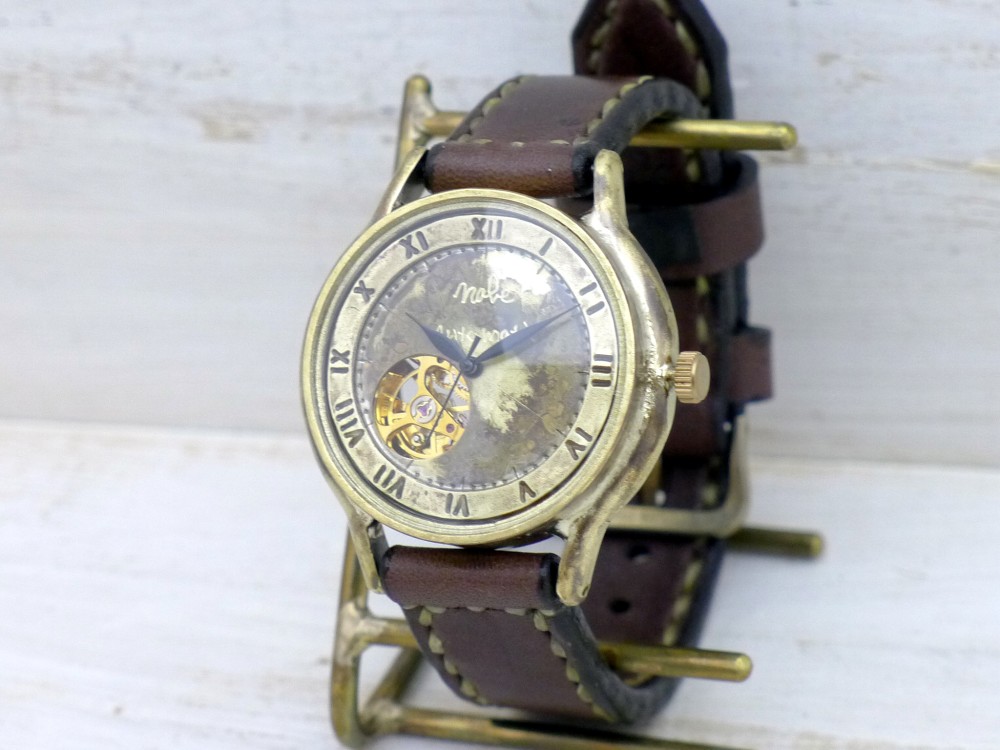 BAM060 自動巻きオープンハート 36mmBrass(真鍮) ローマ数字 手作り腕時計 [BAM060ローマ]