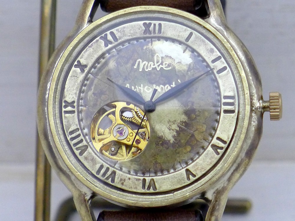 BAM060 自動巻きオープンハート 36mmBrass(真鍮) ローマ数字 手作り腕時計 [BAM060ローマ]