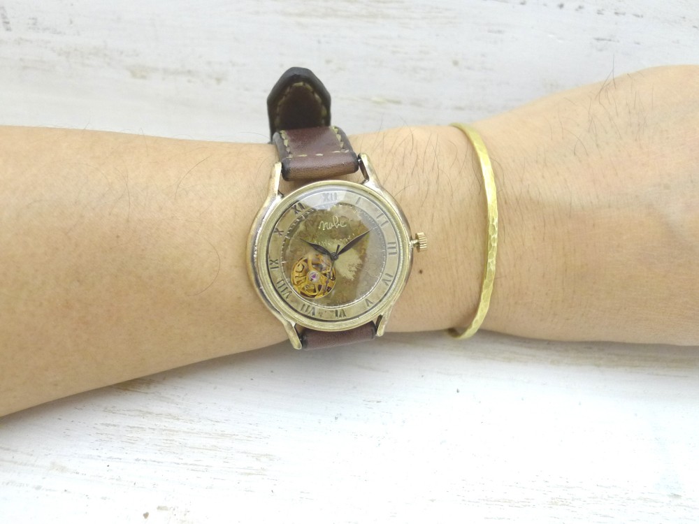 BAM060 自動巻きオープンハート 36mmBrass(真鍮) ローマ数字 手作り腕時計 [BAM060ローマ]