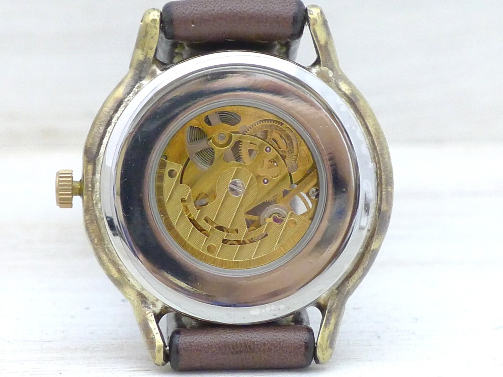 BAM060 自動巻きオープンハート 36mmBrass(真鍮) ローマ数字 手作り腕時計 [BAM060ローマ]