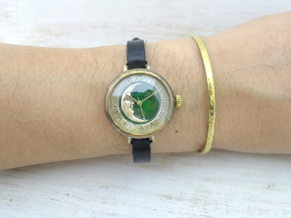 “CrescentMoon4-MB”“新月綠色錶盤手鍊款式手工腕錶 [366CM4GR] 第6張的照片