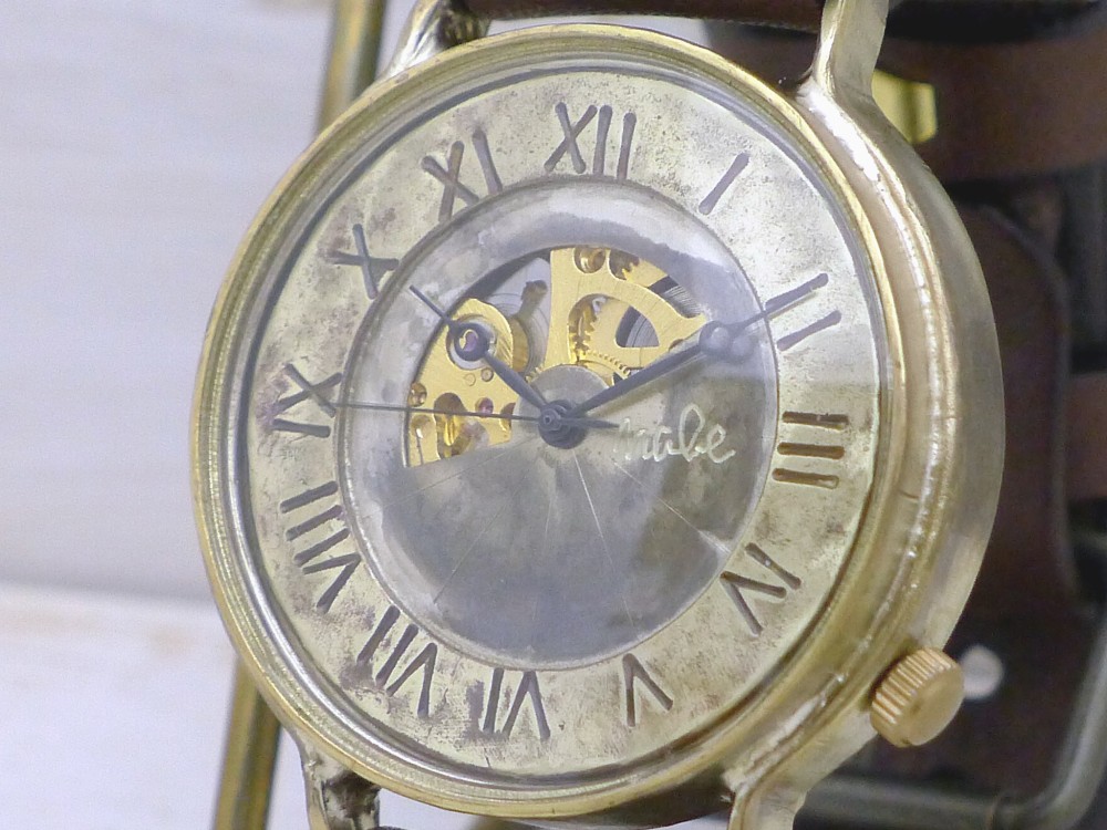 BHW101 手巻きBrass 特大(42mm) オープンハート ローマ数字 手作り腕時計 [BHW101 ローマ]