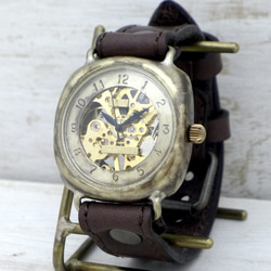 BHW128 手動上弦黃銅 36 毫米墊殼阿拉伯數位縫紉機縫 BR 手工手錶 第1張的照片