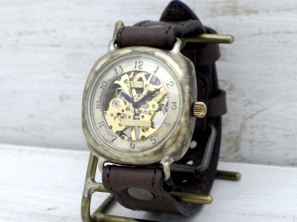 BHW128 手動上弦黃銅 36 毫米墊殼阿拉伯數位縫紉機縫 BR 手工手錶 第1張的照片