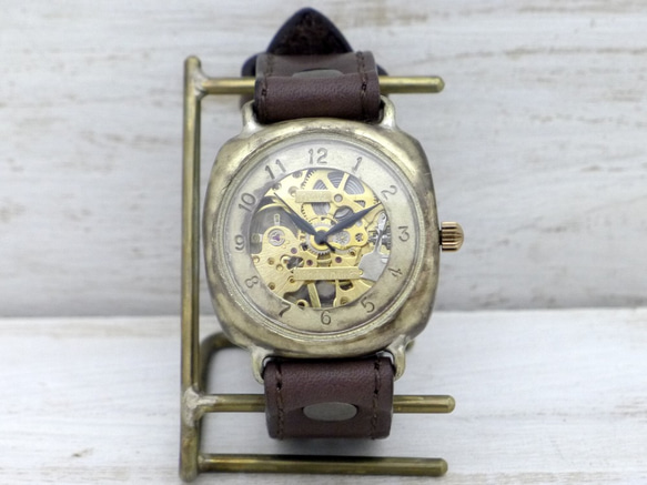 BHW128 手動上弦黃銅 36 毫米墊殼阿拉伯數位縫紉機縫 BR 手工手錶 第2張的照片