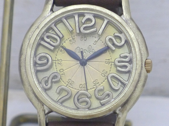 "S-WATCH8-B" 33mmBrass(真鍮) フローティングインデックス 手作り腕時計 [207A] 3枚目の画像