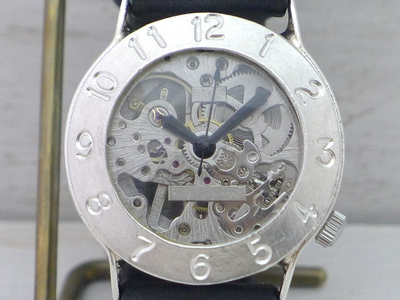 SHW058 手巻き36mmSilver アラビア数字ベゼル 手作り腕時計 (SHW058) 4枚目の画像