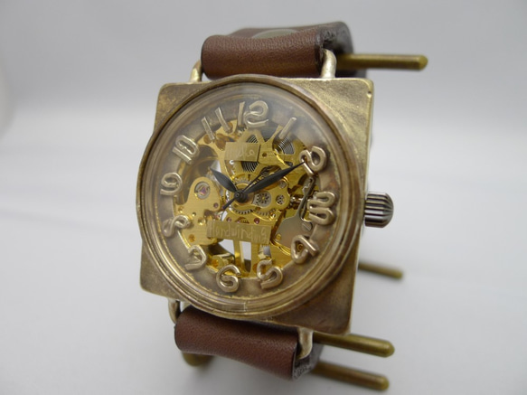 BHW085 手巻きBrasJUMBO36ｍｍスクエア 手作り腕時計 [BHW085 GD/BR] 1枚目の画像
