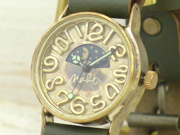 Men's32mm Brass Sun&Moon サン＆ムーン 手作り腕時計 [358S&M KH] 2枚目の画像