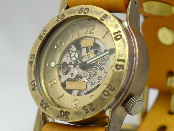 BHW092 手巻き32mm Brass(真鍮) 分表示ベゼル アラビア数字 手作り腕時計 [BHW092 CA] 3枚目の画像