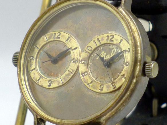 "Dual-MEGA" 特大JUMBO(42mm) デュアルタイム 手作り腕時計 [JUM141 BK] 3枚目の画像