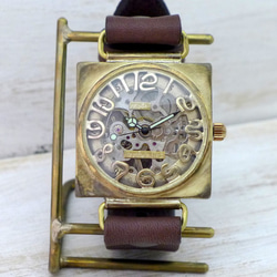 BHW096 手巻きBrass(真鍮) 約36mmスクエア 立体インデックス 手作り腕時計 [BHW096 SV/CA] 2枚目の画像