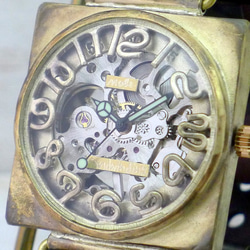 BHW096 手巻きBrass(真鍮) 約36mmスクエア 立体インデックス 手作り腕時計 [BHW096 SV/CA] 3枚目の画像