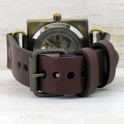 BHW096 手巻きBrass(真鍮) 約36mmスクエア 立体インデックス 手作り腕時計 [BHW096 SV/CA] 8枚目の画像