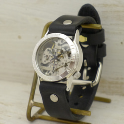 SHW027 ローマ数字ベゼル 手巻きSilver Mens  手作り腕時計  [SHW027ローマ SV/BK] 2枚目の画像