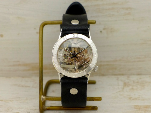 SHW027 ローマ数字ベゼル 手巻きSilver Mens  手作り腕時計  [SHW027ローマ SV/BK] 4枚目の画像