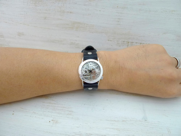 SHW027 ローマ数字ベゼル 手巻きSilver Mens  手作り腕時計  [SHW027ローマ SV/BK] 5枚目の画像