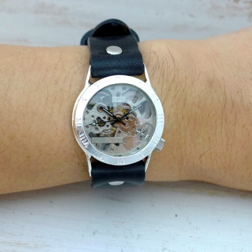 SHW027 ローマ数字ベゼル 手巻きSilver Mens 手作り腕時計