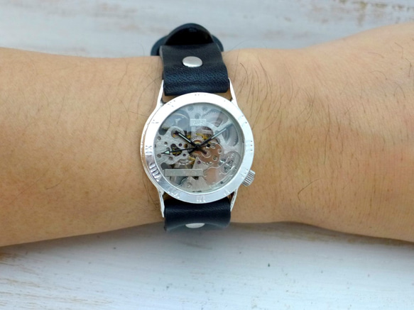 SHW027 ローマ数字ベゼル 手巻きSilver Mens  手作り腕時計  [SHW027ローマ SV/BK] 6枚目の画像