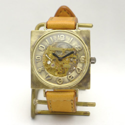 BAM049 自動巻Brass特大ｻｲｽﾞ(42mm)スクエア 手作り腕時計 [BAM049 GD/CA手縫] 3枚目の画像
