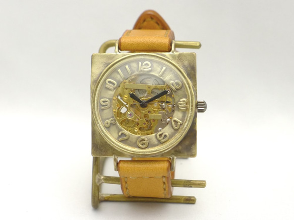 BAM049 自動巻Brass特大ｻｲｽﾞ(42mm)スクエア 手作り腕時計 [BAM049 GD/CA手縫] 3枚目の画像