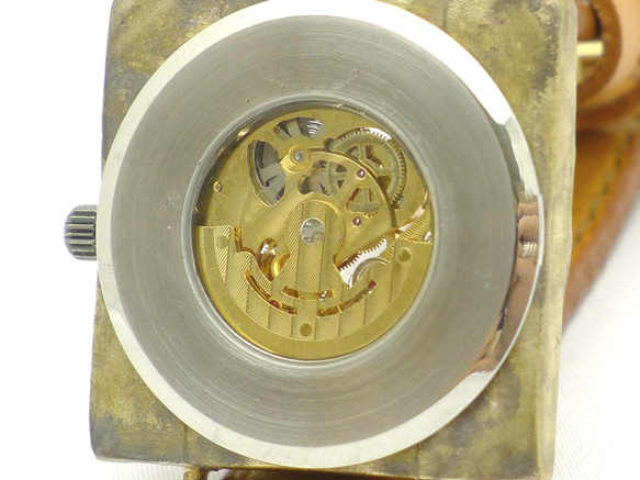 BAM049 自動巻Brass特大ｻｲｽﾞ(42mm)スクエア 手作り腕時計 [BAM049 GD/CA手縫] 7枚目の画像