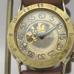 BHW102 手巻きBrass Mens オープンハート アラビア数字ベゼル 手作り腕時計 [BHW102 GD/BR] 1枚目の画像