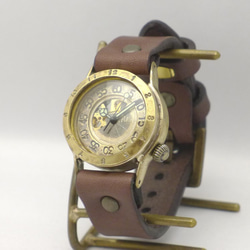BHW102 手巻きBrass Mens オープンハート アラビア数字ベゼル 手作り腕時計 [BHW102 GD/BR] 3枚目の画像