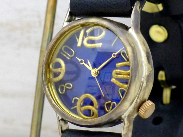 "On Time-B" BL(ﾌﾞﾙｰ)文字盤 Mens Brass 手作り腕時計 [214B BL] 1枚目の画像
