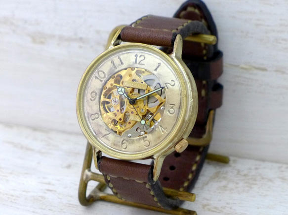 BAM041 自動巻きBrass特大JUMBO(42mm) 手作り腕時計 GD/手縫ベルト [BAM041 手縫い] 1枚目の画像