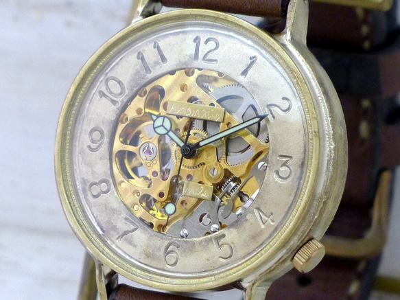 BAM041 自動巻きBrass特大JUMBO(42mm) 手作り腕時計 GD/手縫ベルト [BAM041 手縫い] 2枚目の画像