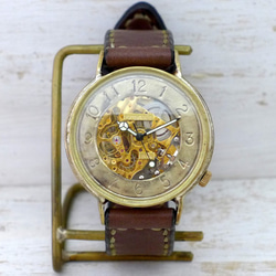 BAM041 自動巻きBrass特大JUMBO(42mm) 手作り腕時計 GD/手縫ベルト [BAM041 手縫い] 3枚目の画像