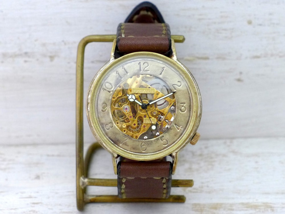BAM041 自動巻きBrass特大JUMBO(42mm) 手作り腕時計 GD/手縫ベルト [BAM041 手縫い] 3枚目の画像