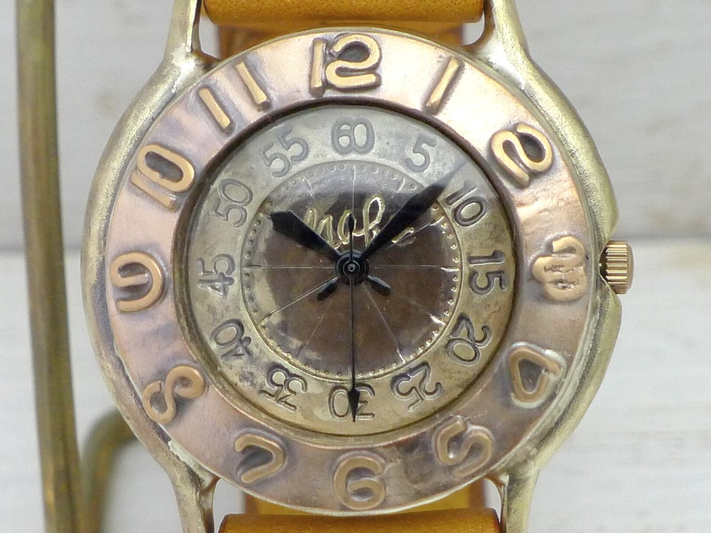 "Explorer-JB3C" JUMBO36mm Brass 銅ベゼル 立体数字 手作り腕時計 [JUM65BC]