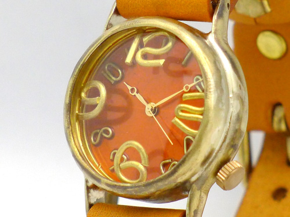 「On Time-B」OR（橘色）錶盤男士黃銅手工手錶 [214B OR/CA] 第1張的照片