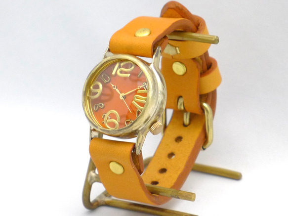 「On Time-B」OR（橘色）錶盤男士黃銅手工手錶 [214B OR/CA] 第2張的照片