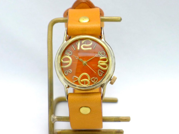 「On Time-B」OR（橘色）錶盤男士黃銅手工手錶 [214B OR/CA] 第3張的照片