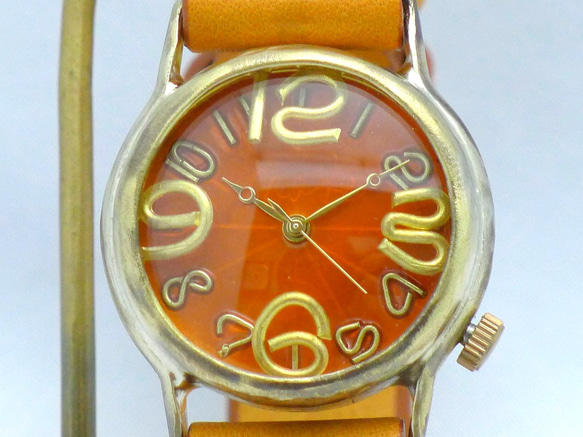 「On Time-B」OR（橘色）錶盤男士黃銅手工手錶 [214B OR/CA] 第4張的照片