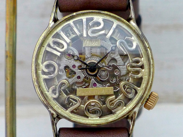 BHW064 手巻きBrass 32mm 立体ｲﾝﾃﾞｯｸｽ 手作り腕時計 [BHW064] 3枚目の画像