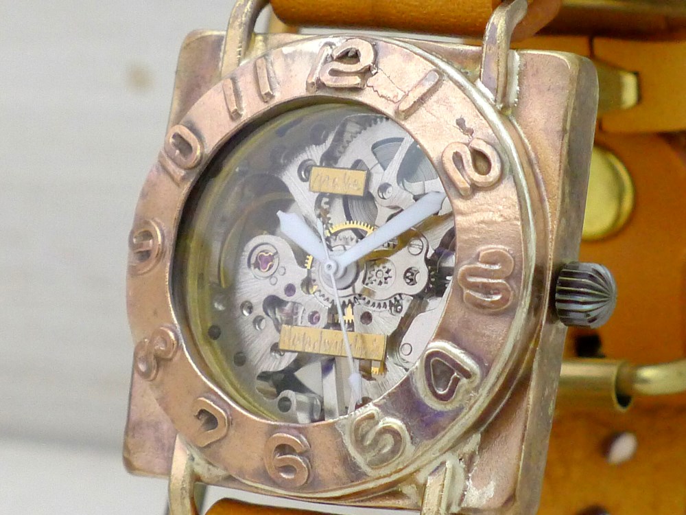 BHW080 手巻きBrass(真鍮)JUMBOスクエア 銅ベゼル 手作り腕時計 [BHW080]