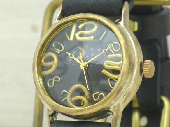 &quot;On Time-BS &amp; M&quot; 32 毫米黃銅太陽 &amp; 月亮黑色錶盤手工手錶 [214B- 第2張的照片