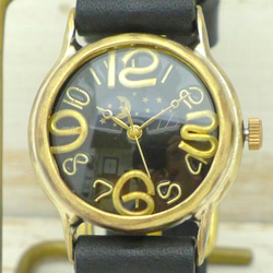 &quot;On Time-BS &amp; M&quot; 32 毫米黃銅太陽 &amp; 月亮黑色錶盤手工手錶 [214B- 第5張的照片