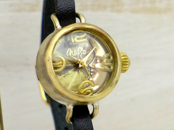 “CrescentMoon4-LB”20mm黃銅新月形錶盤手鍊式手工腕錶 [365CM4] 第3張的照片