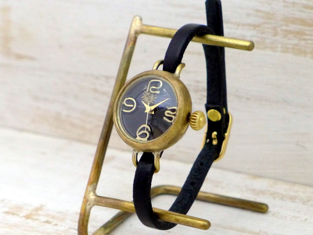 "Ladybug-B-S&M" 24mm真鍮甲丸ケースSun&Moon  黒文字盤 手作り腕時計 [375S&M 黒]