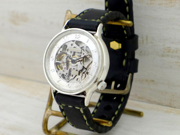 SAM021 阿拉伯數字 自動上鍊 銀色 36mm 手工縫製皮帶 [SAM021 Arabic hand-sewn] 手工手錶 第1張的照片