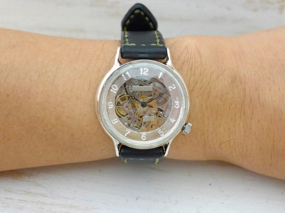SAM021 阿拉伯數字 自動上鍊 銀色 36mm 手工縫製皮帶 [SAM021 Arabic hand-sewn] 手工手錶 第2張的照片